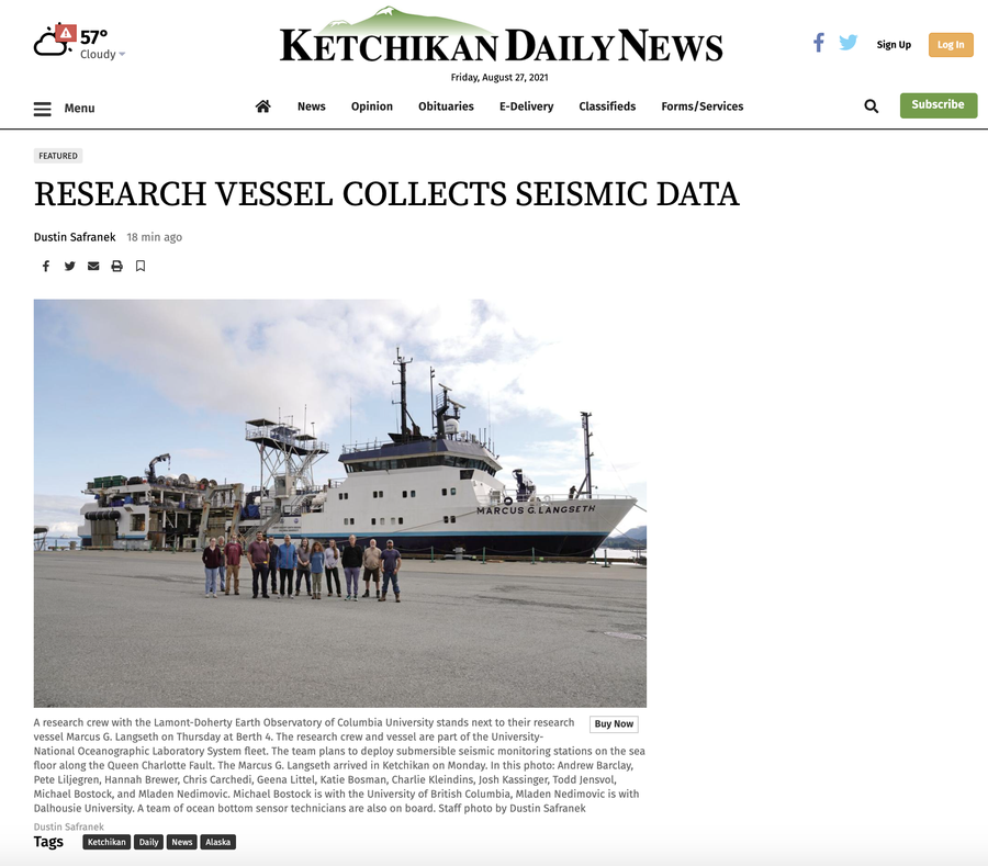 Ketchikan Daily News front page - 2021-08-27 - research vessel collects seismic data